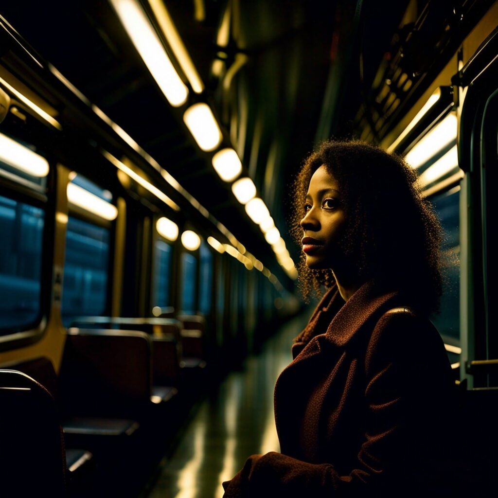 woman on a train, at night, evocative, mysterious, unconventional with lights on --ar 16:9