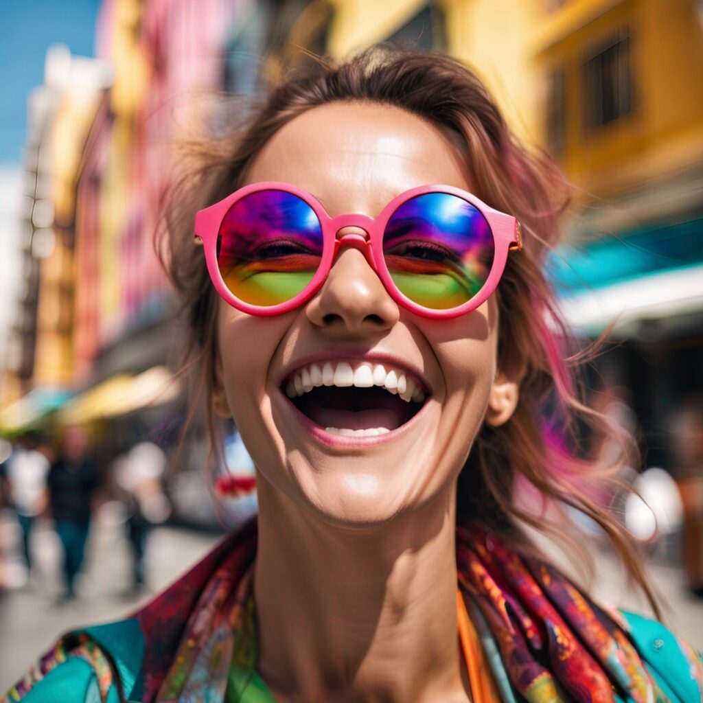 happy woman, big sunglasses, extreme closeup shot, colorful --ar 3:2